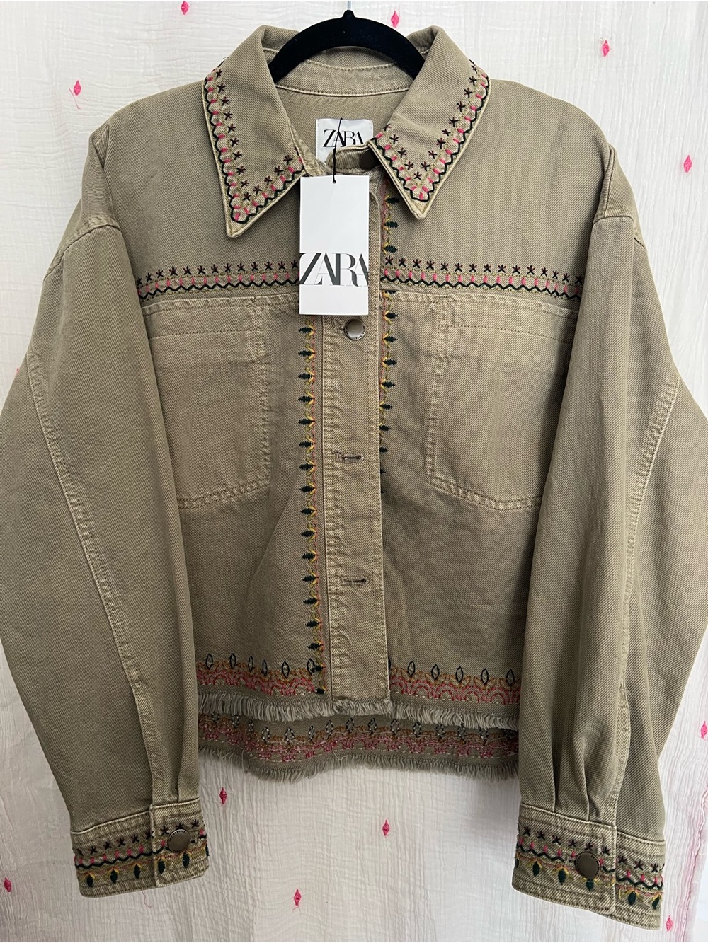 Zara Olive Embroidered Denim Jacket BRAND NEW WITH TAGS.